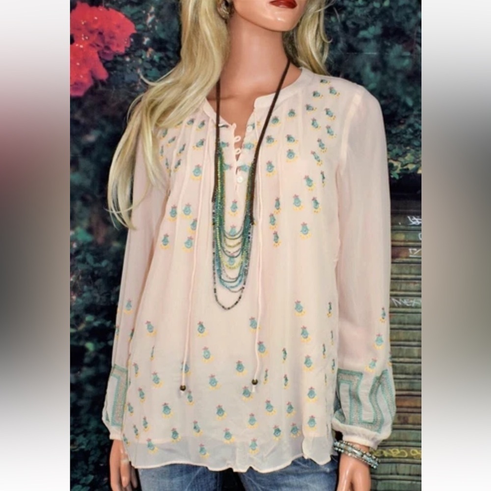 Sundance 100% Silk Papyrus Flowers Embroidered Blouse Top Size Large Cottagecore